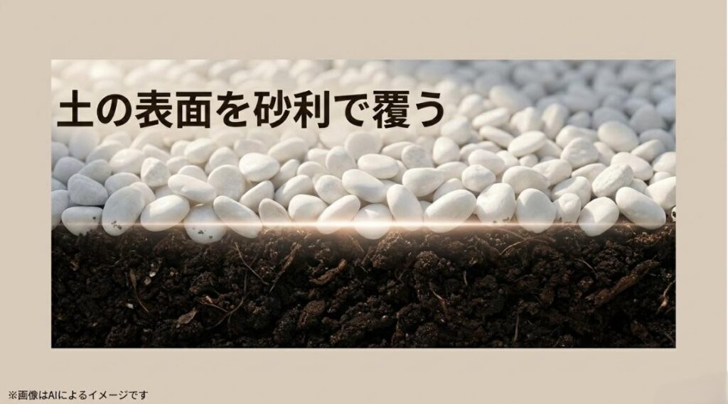 土の上に真っ白な砂利が敷き詰められ、虫の侵入を防ぐ物理的なバリアの層を作っている様子を示すクローズアップ画像