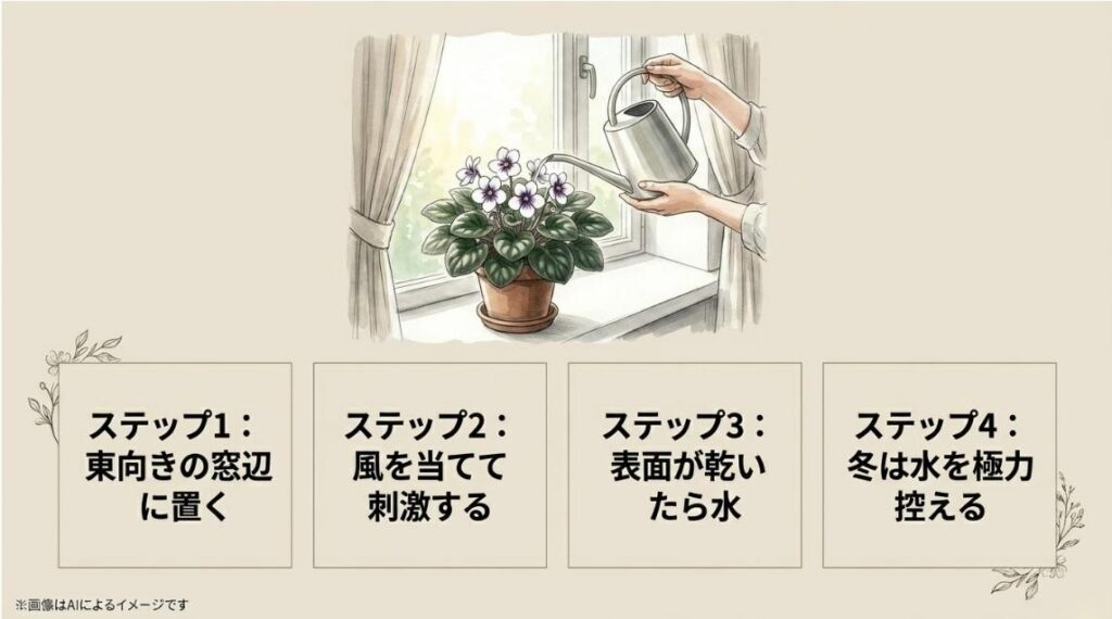 じょうろで水やりをするイラストとともに、東向きの窓辺、風の刺激、乾湿のメリハリ、冬の節水を4ステップでまとめた解説スライド