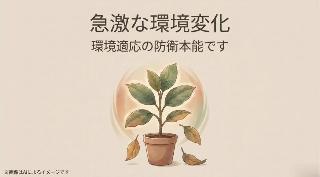 葉を落としている植物のイラストと、急激な環境変化に対する環境適応の防衛本能であることを説明するスライド