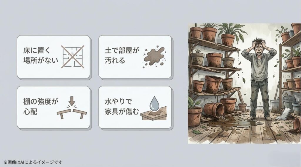 「床に置く場所がない」「土で部屋が汚れる」「棚の強度が心配」「水やりで家具が傷む」という観葉植物に関する4つの悩みを表現したイラスト