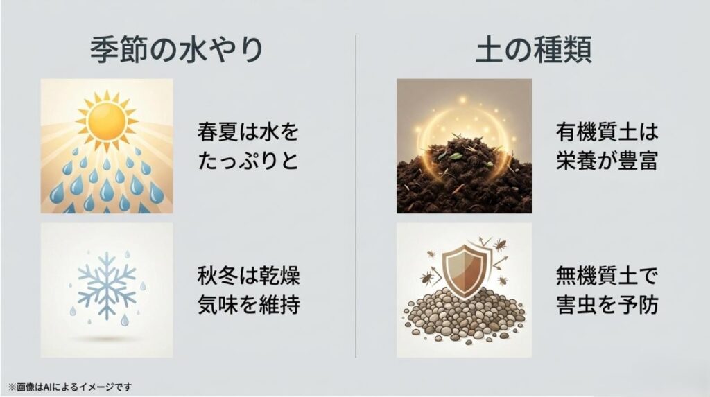 春夏と秋冬の水やりの違いや、有機質土と無機質土の特徴を比較・解説したスライド  