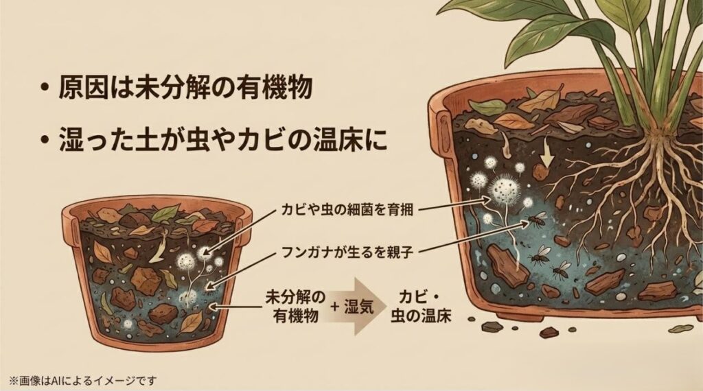 未分解の有機物と湿気が虫やカビの温床になることを図解で説明したスライド