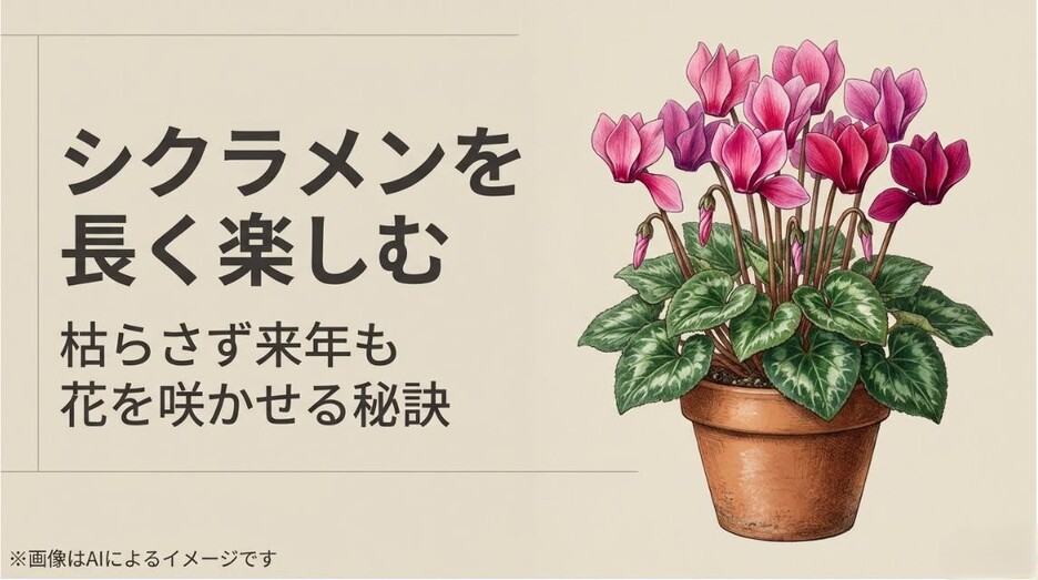 ピンクのシクラメンの鉢植えイラストと、長く楽しんで来年も花を咲かせる秘訣を伝えるタイトルのアイキャッチ画像