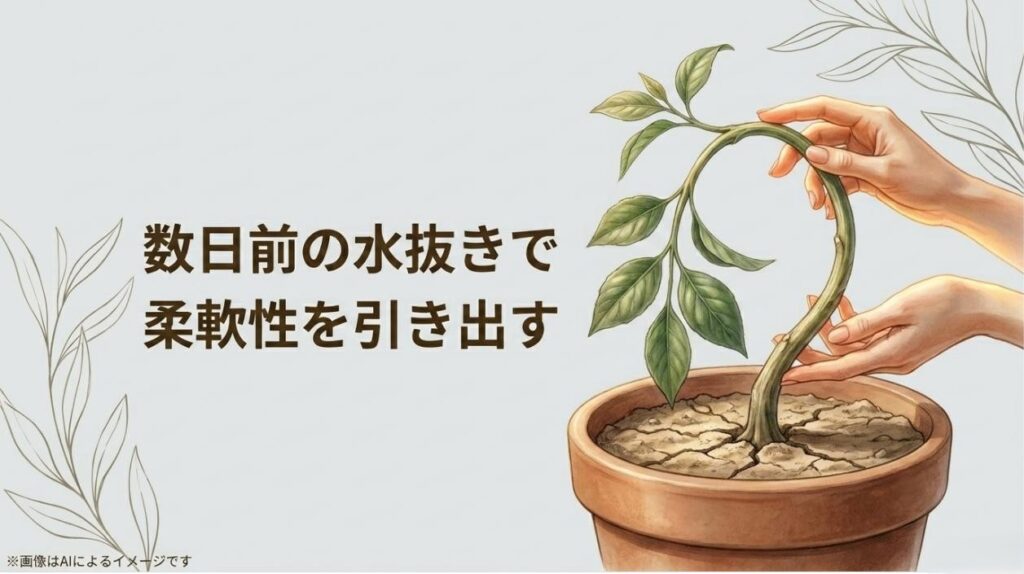 数日前の水抜きを行うことで幹の柔軟性を引き出すポイントを解説したスライド
