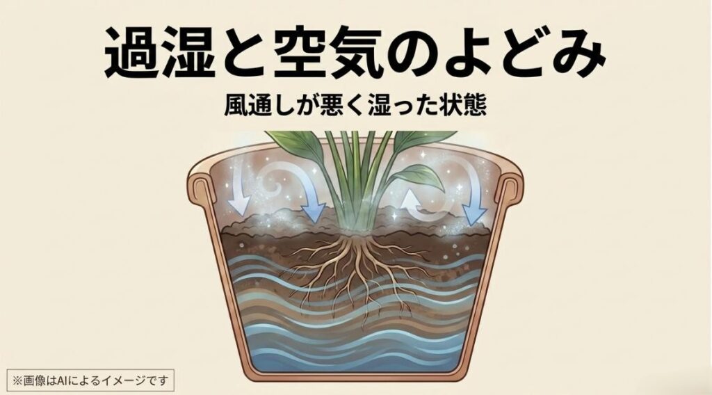 鉢の中が過湿になり、空気が滞留してカビが繁殖しやすい状態を図解したイラスト