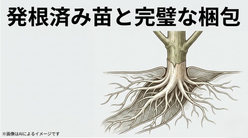 発根した観葉植物の苗とダンボール箱のイラストを用いた、完璧な梱包をイメージさせるスライド