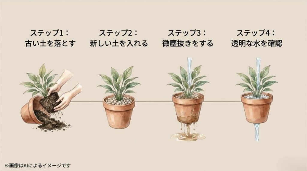 古い土を落とし、新しい土を入れ、微塵抜きを行い、鉢底から透明な水が出るのを確認するまでの4つのステップの図解