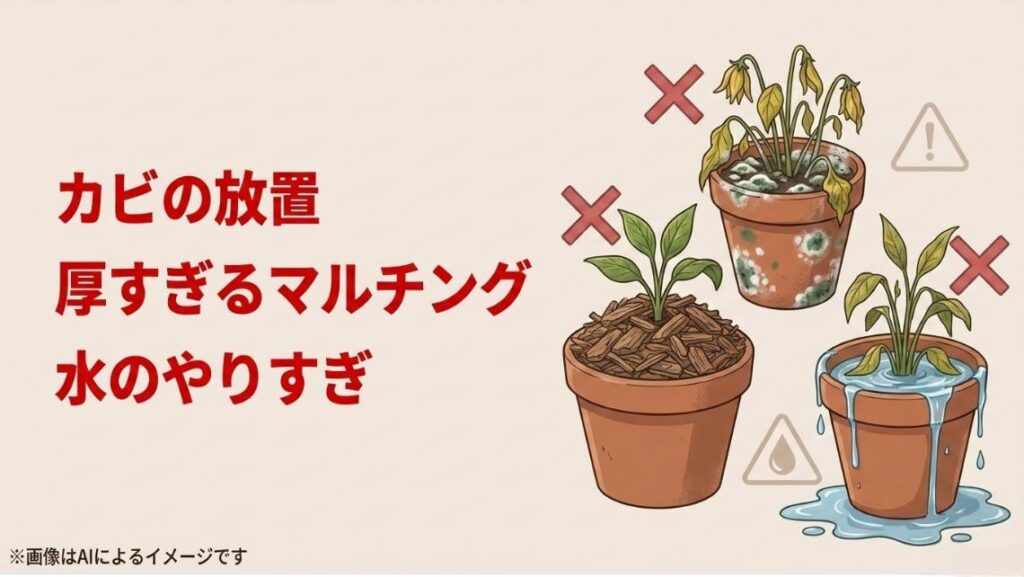 カビの放置、厚すぎるマルチング、水のやりすぎといった、植物にダメージを与えるNG行動の警告イラスト