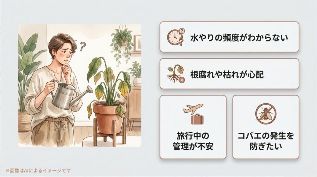 じょうろを持ちながら水やりの頻度や根腐れ、旅行中の管理などに悩む人のイラストをまとめたスライド
