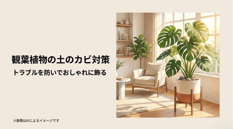 窓辺に置かれた大きな観葉植物のイラストと、土のカビ対策やおしゃれな飾り方を伝えるタイトルのアイキャッチ画像