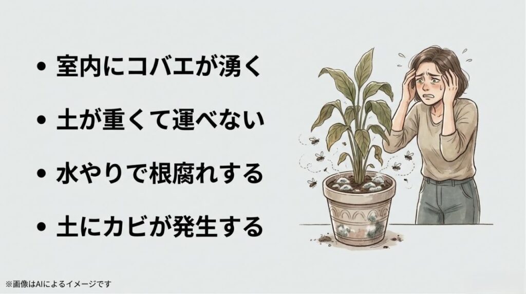 コバエの発生、重い土、根腐れ、カビといった観葉植物に関する代表的な悩みに頭を抱える女性のイラスト
