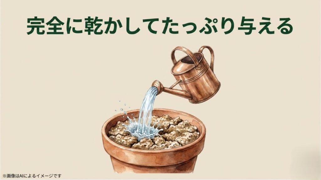 完全に土を乾かしてからたっぷり水を与えるという、ローズゼラニウムの正しい水やりのタイミングを伝えるスライド