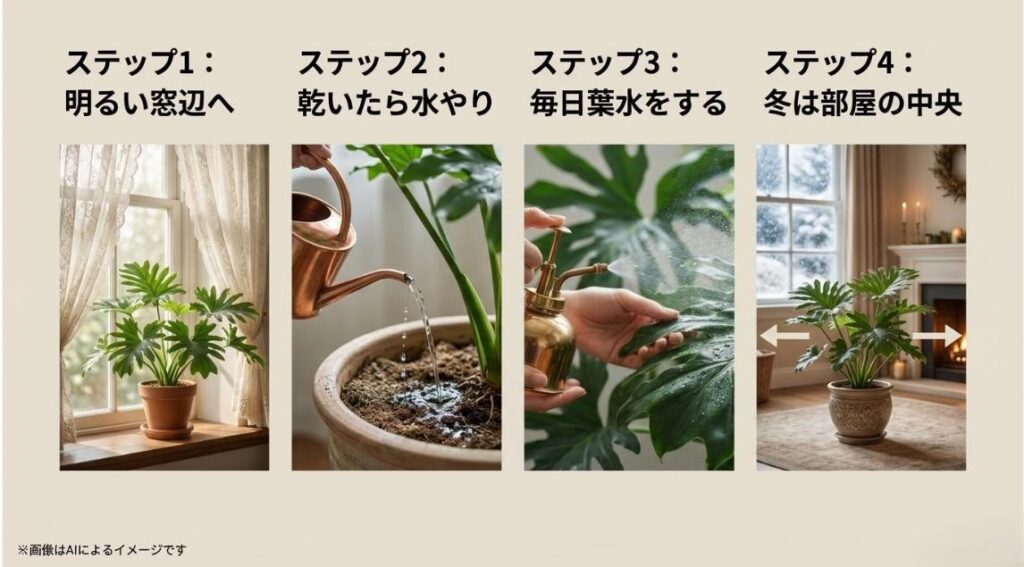 明るい窓辺、水やり、葉水、冬の中央配置というセローム管理の基本4ステップをまとめた画像