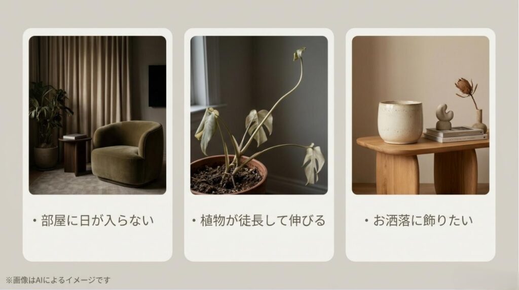 暗い部屋、枯れかけた植物、鉢植えの3つの写真と、日照不足などの悩みが書かれたスライド