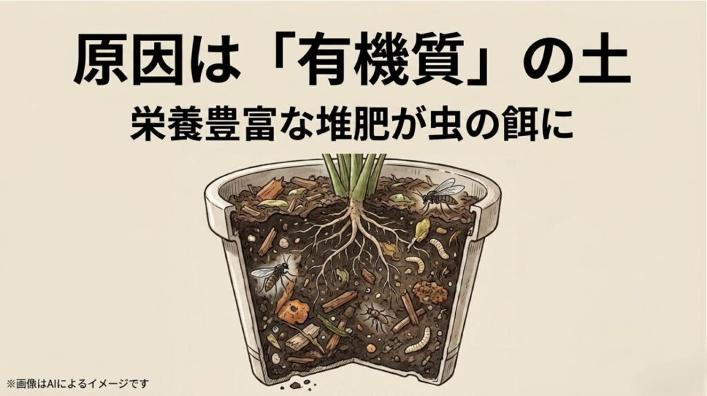鉢の中の土の断面図で、堆肥などの有機質がコバエや幼虫の餌となっている様子を示すイラスト