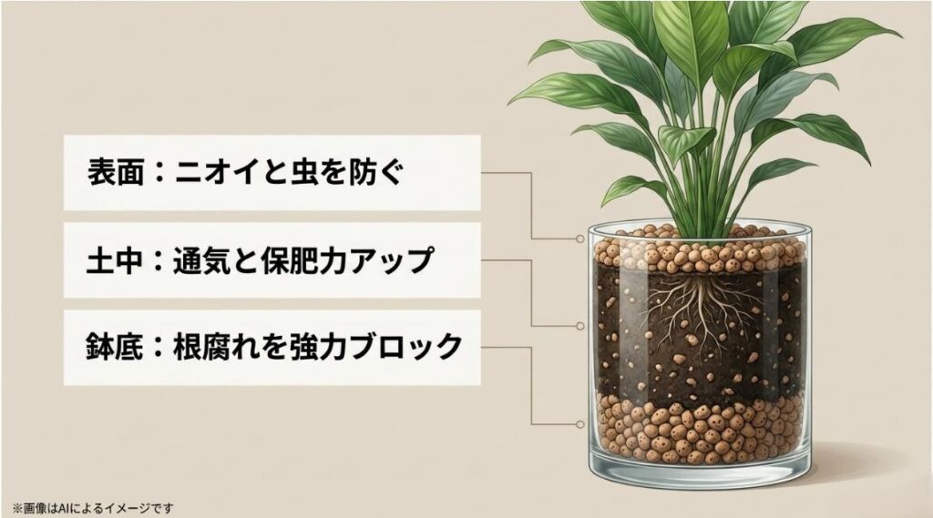 ゼオライトを土の表面、土の中、鉢底に配置した際のそれぞれの防虫・防臭、通気性向上、根腐れ防止効果を示した図解