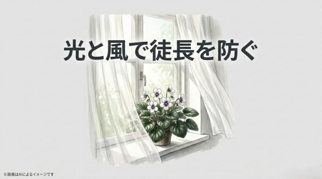 光と風を適切に当てることで、茎がヒョロヒョロと伸びる徒長を防止できることを解説したスライド