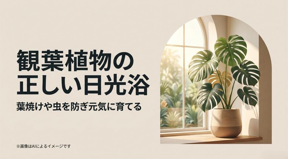 窓辺に置かれたモンステラの写真と、観葉植物の正しい日光浴について伝えるタイトルのアイキャッチ画像