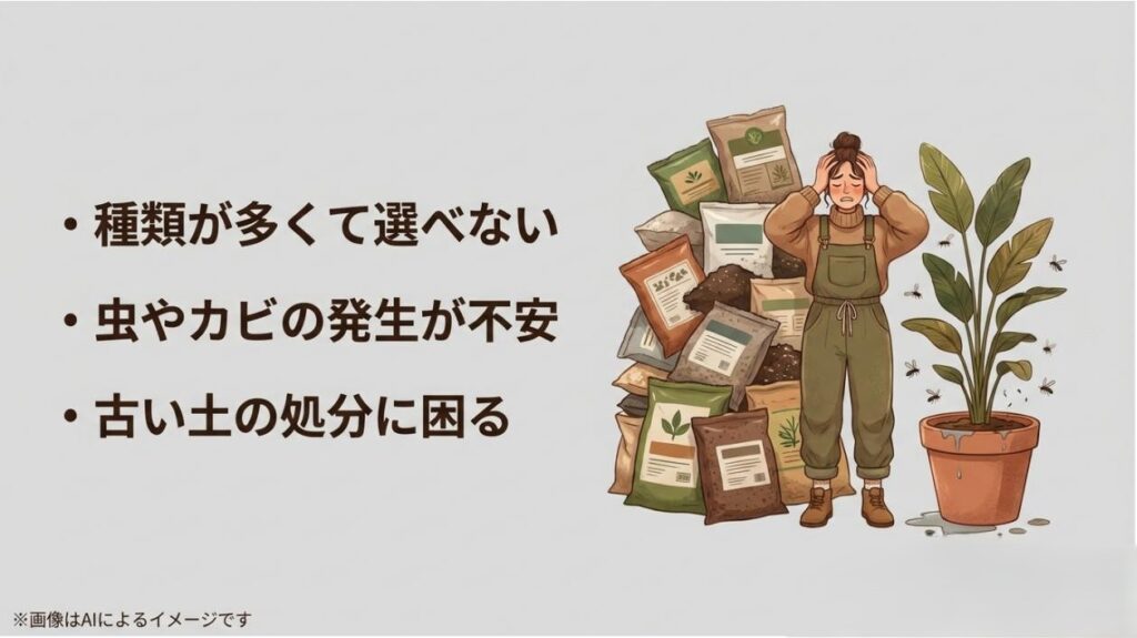 山積みの土の前で頭を抱える人のイラストと、土選びや虫の発生、処分の悩みをまとめたスライド