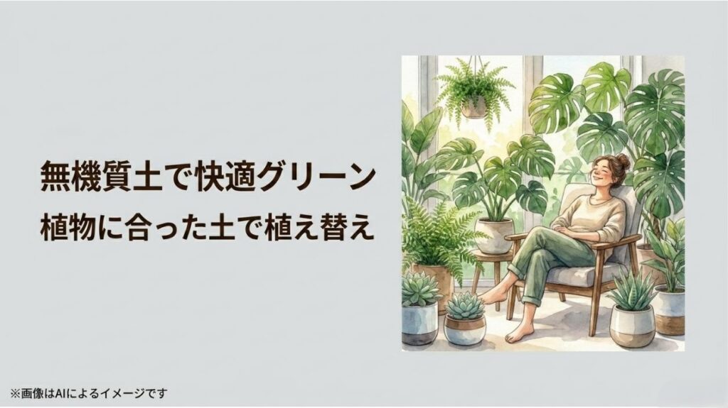 観葉植物に囲まれた部屋でリラックスする女性のイラストと、植物に合った土で植え替えて快適なグリーンライフを送るという前向きなメッセージ