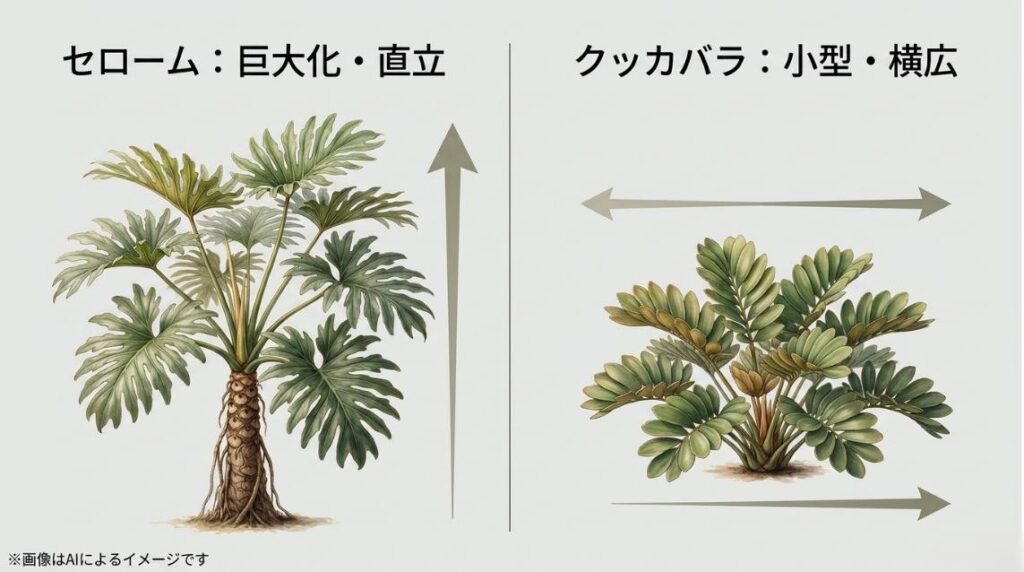 巨大化して直立するセロームと、小型で横に広がるクッカバラの成長方向の違いを示した比較図