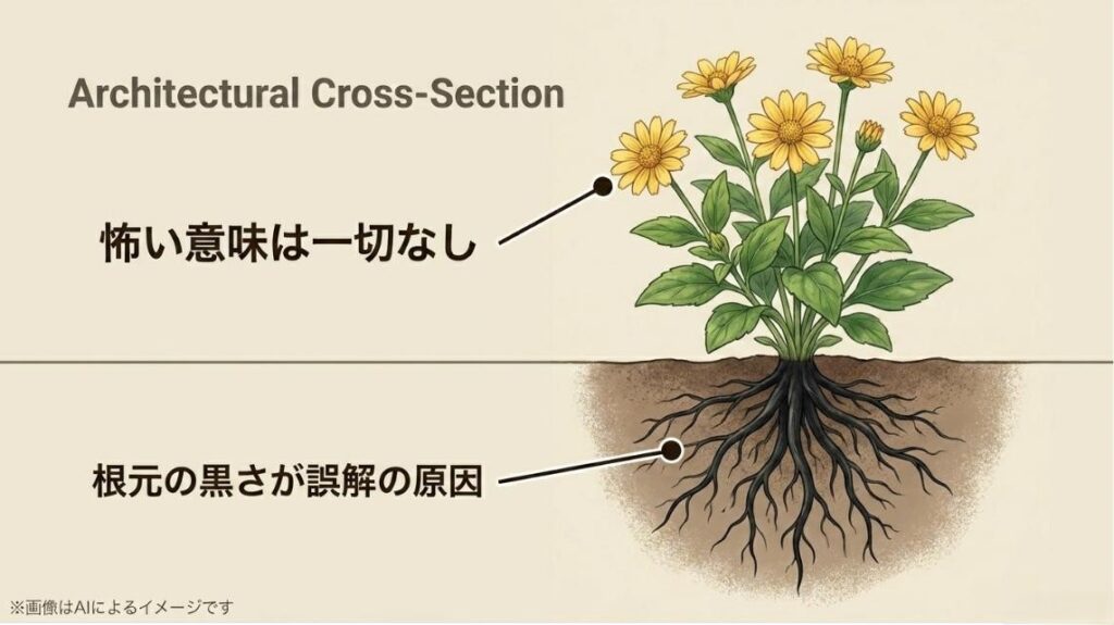 怖い意味は一切ないことと、根元の黒さが誤解の原因であることを図解したスライド