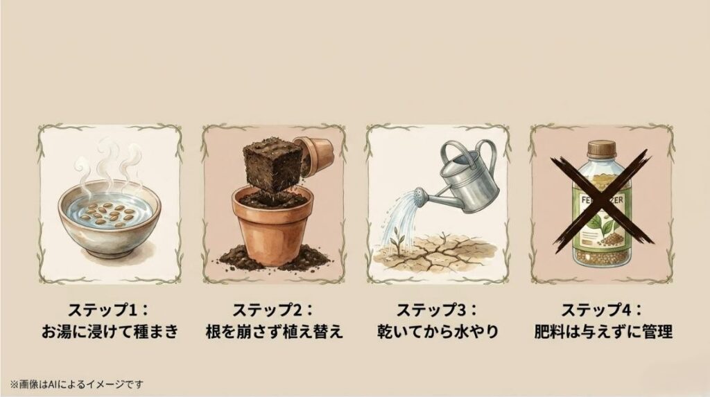 お湯に浸けて種まき、根を崩さず植え替え、乾いてから水やり、肥料は与えずに管理するという4つの基本手順を描いたイラスト