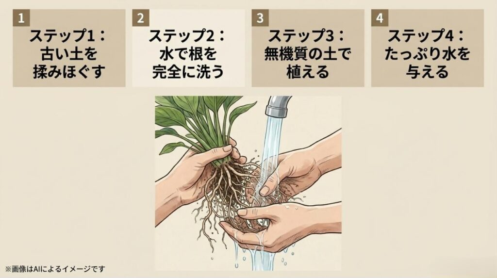 古い土を揉みほぐし、水で根を洗い、無機質の土で植え替え、たっぷり水を与えるという根洗いの手順を解説した図解