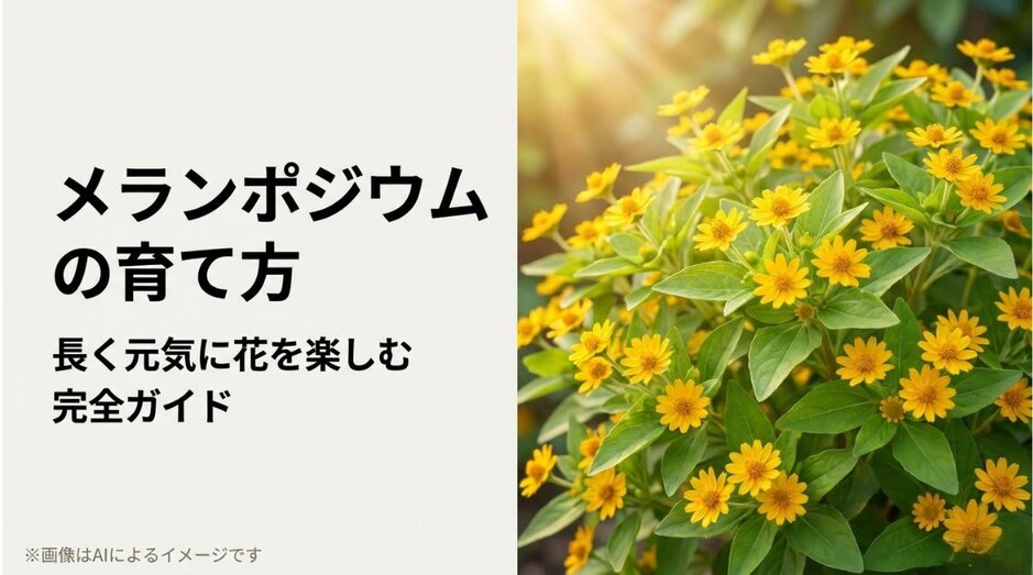 鮮やかに咲く黄色いメランポジウムの写真と、育て方の完全ガイドであることを伝えるアイキャッチ画像