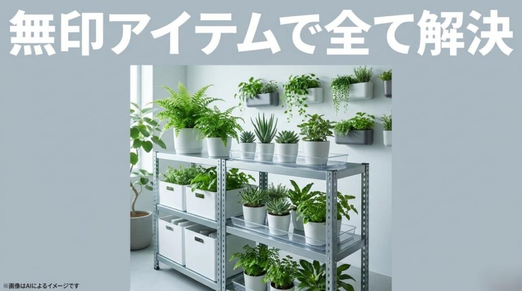 頑丈なスチール製の棚に観葉植物と無印良品の白い収納ボックスが美しく整頓されて並んでいる様子