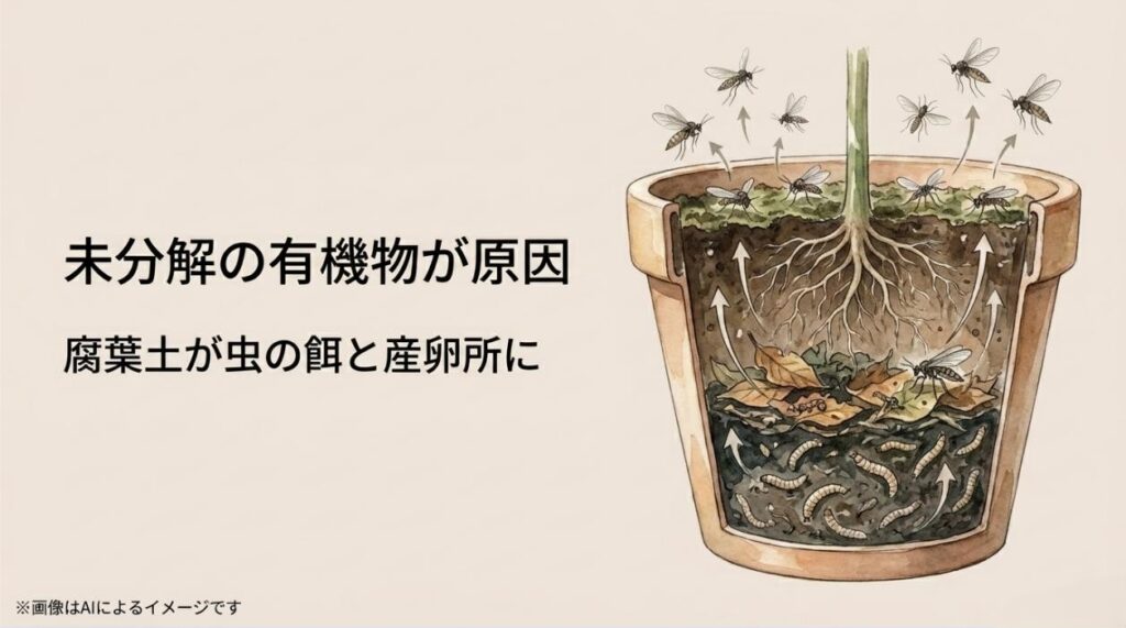 鉢の中の腐葉土などの未分解の有機物が、虫の餌や産卵場所になっていることを説明した図解