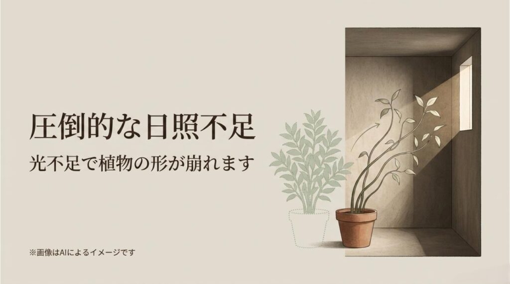 窓から差し込む光に向かって植物の茎が不自然に伸びていく様子を描いたイラスト