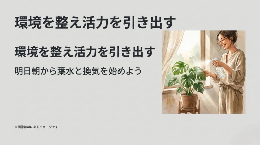笑顔で観葉植物に葉水をする女性のイラストと、明日からの葉水と換気を促す前向きなメッセージのスライド