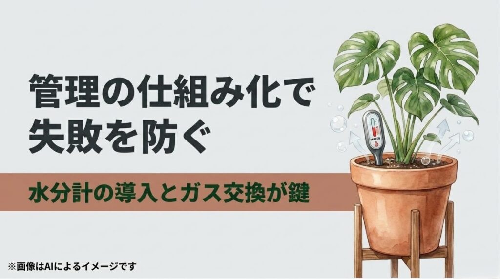 水分計が挿された観葉植物のイラストと、仕組み化による水分計の導入とガス交換が鍵であるというメッセージ