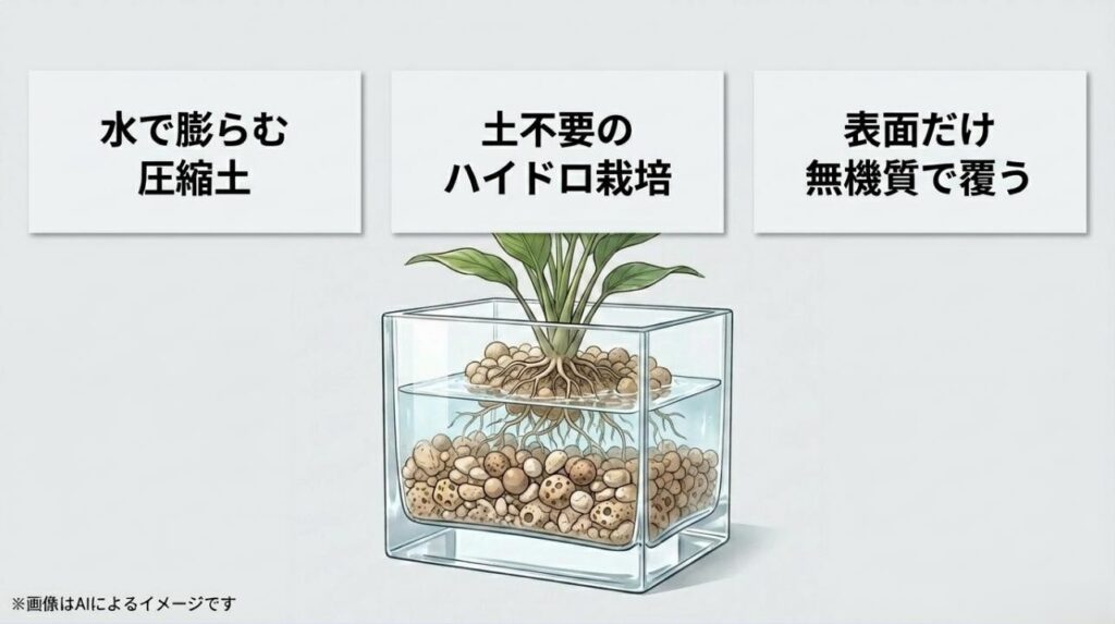 水で膨らむ圧縮土、土を使わないハイドロ栽培、土の表面だけを無機質で覆うという3つの清潔な園芸方法のイラスト