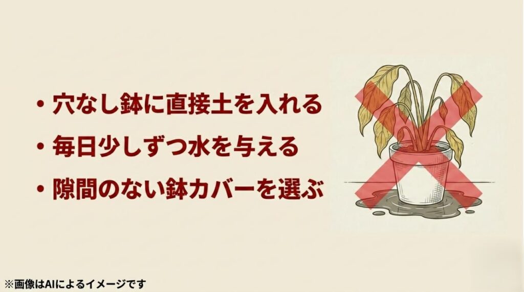 穴なし鉢に直接土を入れる、毎日少しずつ水を与えるなど、植物を枯らすNG行動に赤いバツ印をつけたイラスト