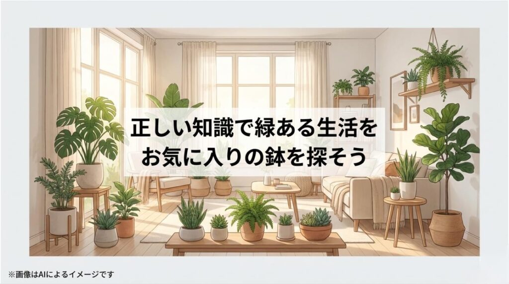 正しい知識で緑ある生活を楽しみ、お気に入りの鉢を探そうという前向きなメッセージが書かれたスライド