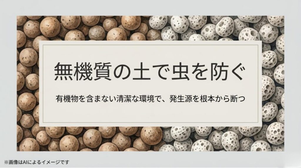 無機質の土が有機物を含まないため清潔であり、虫の発生源を根本から断つことを示すイラスト
