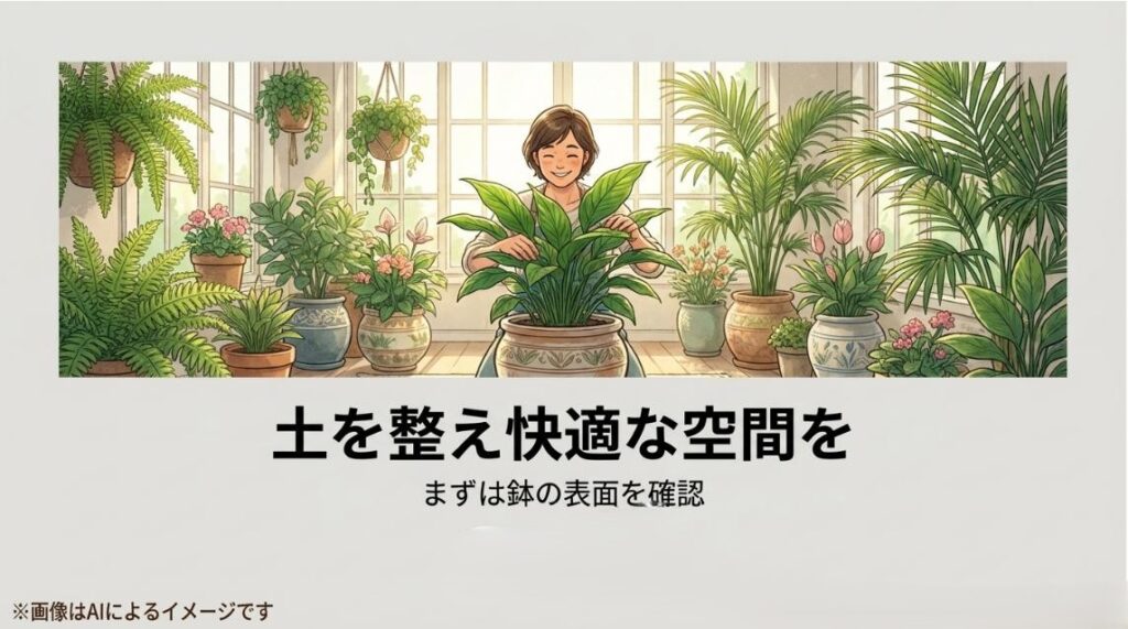 美しく管理されたたくさんの観葉植物に囲まれて、笑顔で植物の手入れをする女性のイラスト