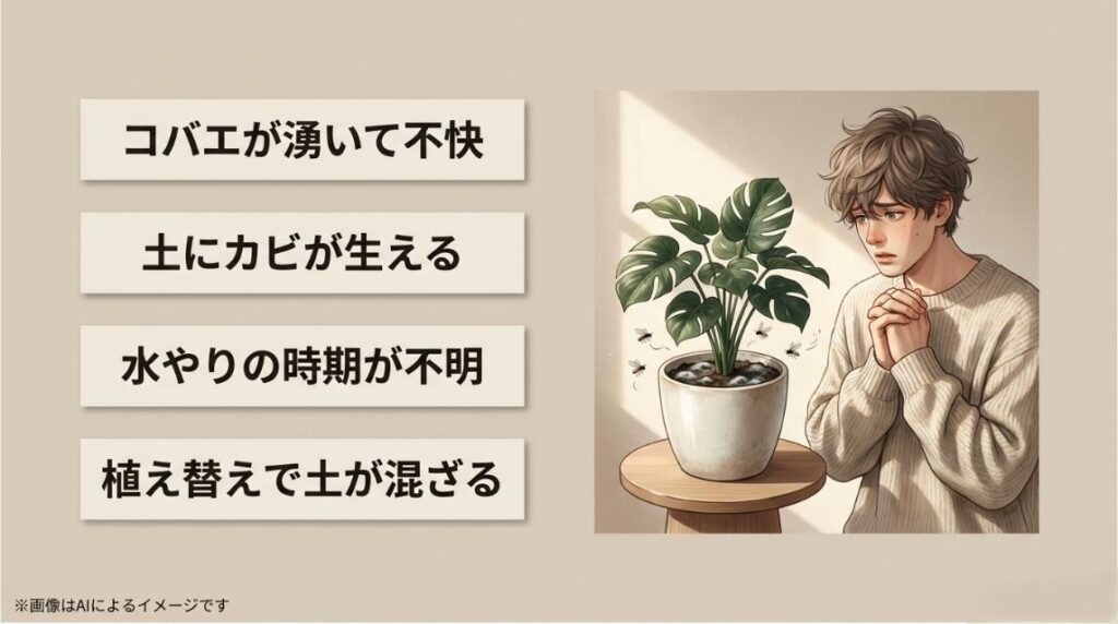 観葉植物の土周りで発生するコバエやカビ、水やりや植え替えのわかりにくさといった悩みを抱えて困っている人物のイラスト