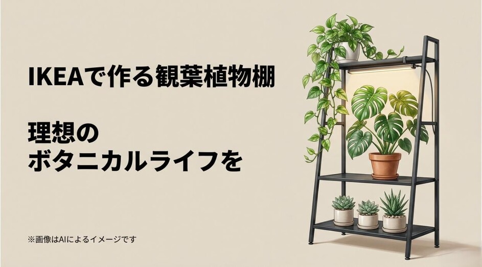 おしゃれにディスプレイされたIKEAの観葉植物棚と「理想のボタニカルライフを」というタイトルのアイキャッチ画像
