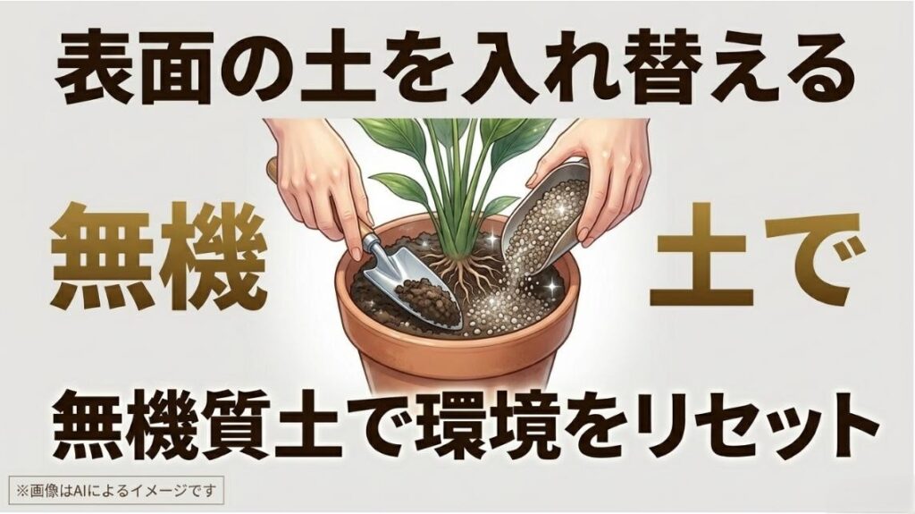 表面の土を入れ替えること、無機質土で環境をリセットすることを強調したテキストスライド