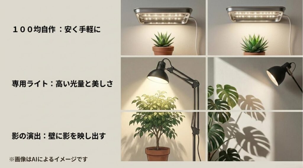 100均での自作、ハイエンド専用ライト、影の演出という3つの実践アプローチをまとめたスライド