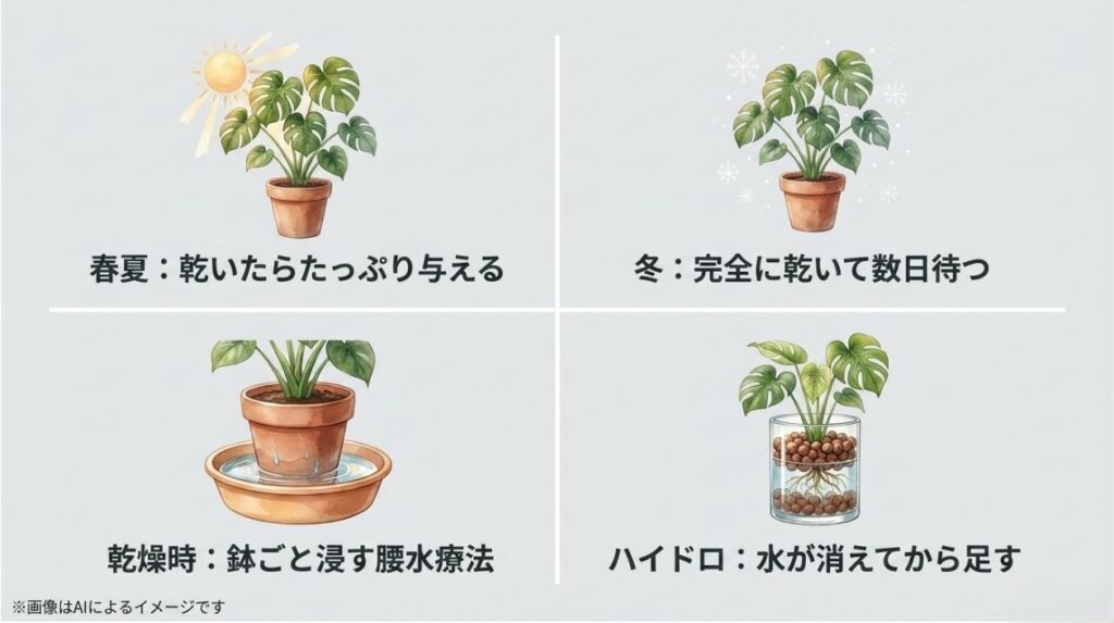 春夏のたっぷり水やり、冬の乾燥待機、腰水療法、ハイドロカルチャーの4つの異なる状況別水やり方法を図解したイラスト一覧
