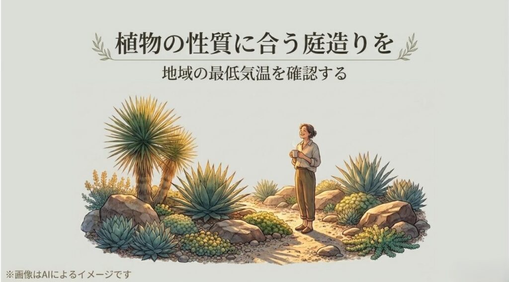 庭に立つ人物のイラストとともに、植物の性質に合う庭造りや地域の最低気温を確認するよう促すメッセージスライド