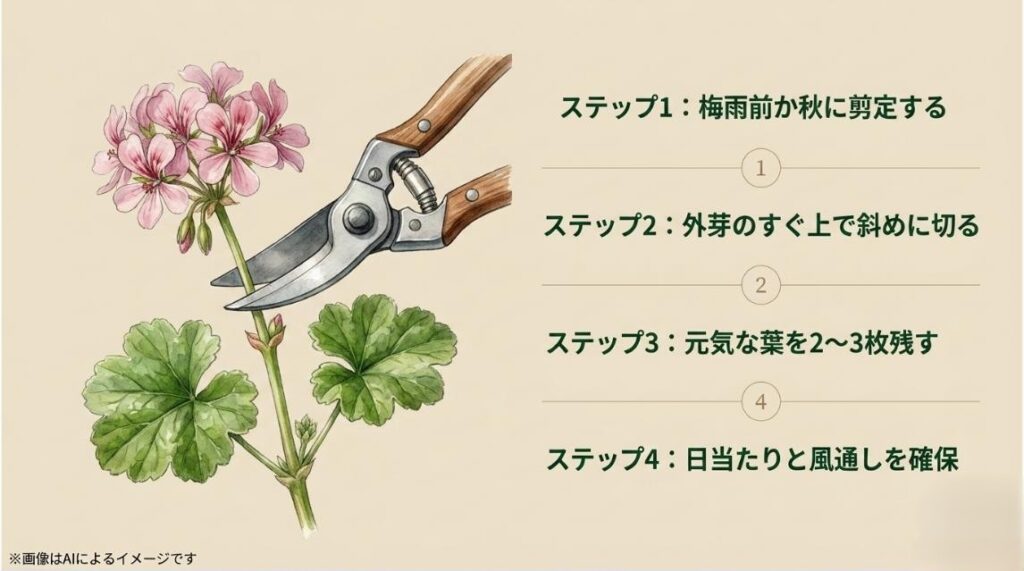 剪定鋏を使ったカット位置のイラストと、外芽の上で切るなど強剪定を行うための4つの具体的なステップをまとめたスライド