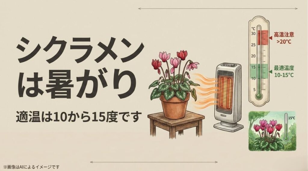 シクラメンが暑がりであることを示す温度計のグラフで、適温が10〜15℃であることを解説したスライド
