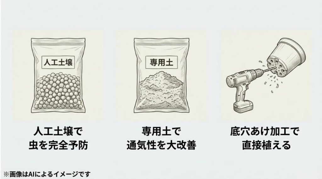 人工土壌による虫予防、専用土による通気性改善、底穴あけ加工という3つの解決策を示すイラスト