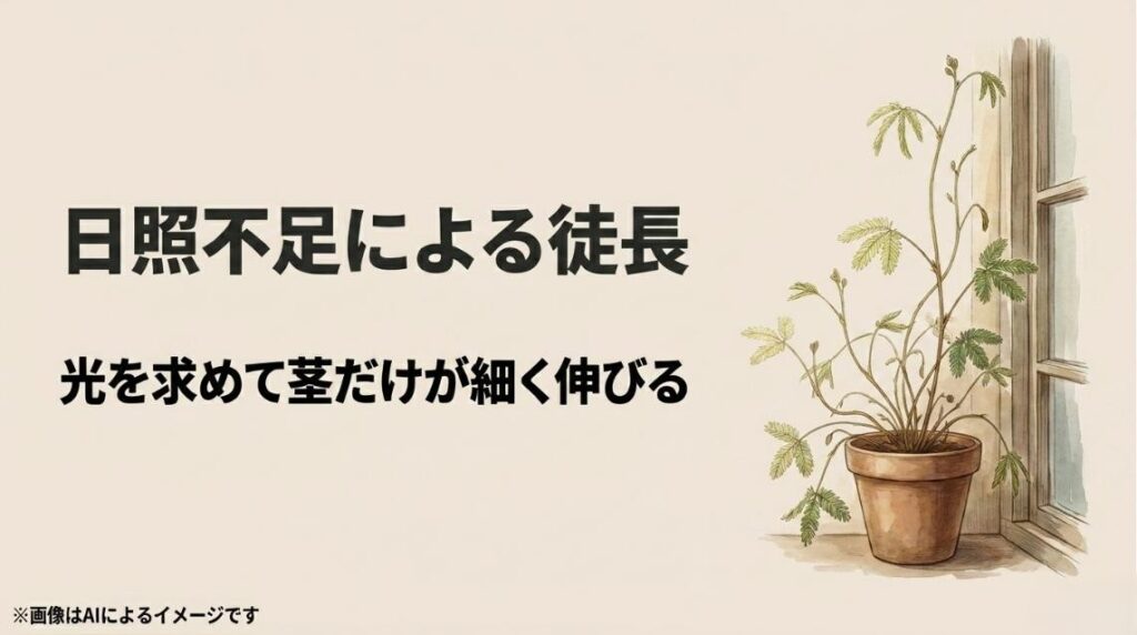 窓際で光を求めて茎が細く長く伸びてしまったオジギソウのイラストと解説