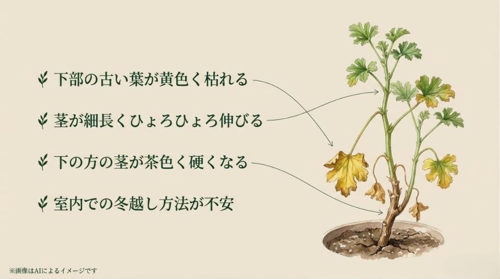 葉が枯れたりひょろひょろに徒長しているローズゼラニウムのイラストと、冬越しなどのよくある悩みをまとめたスライド